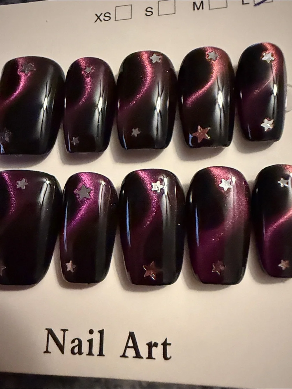 Dark Purple Cat Eye handmade acrylic Press-On Nails with Star Accents
